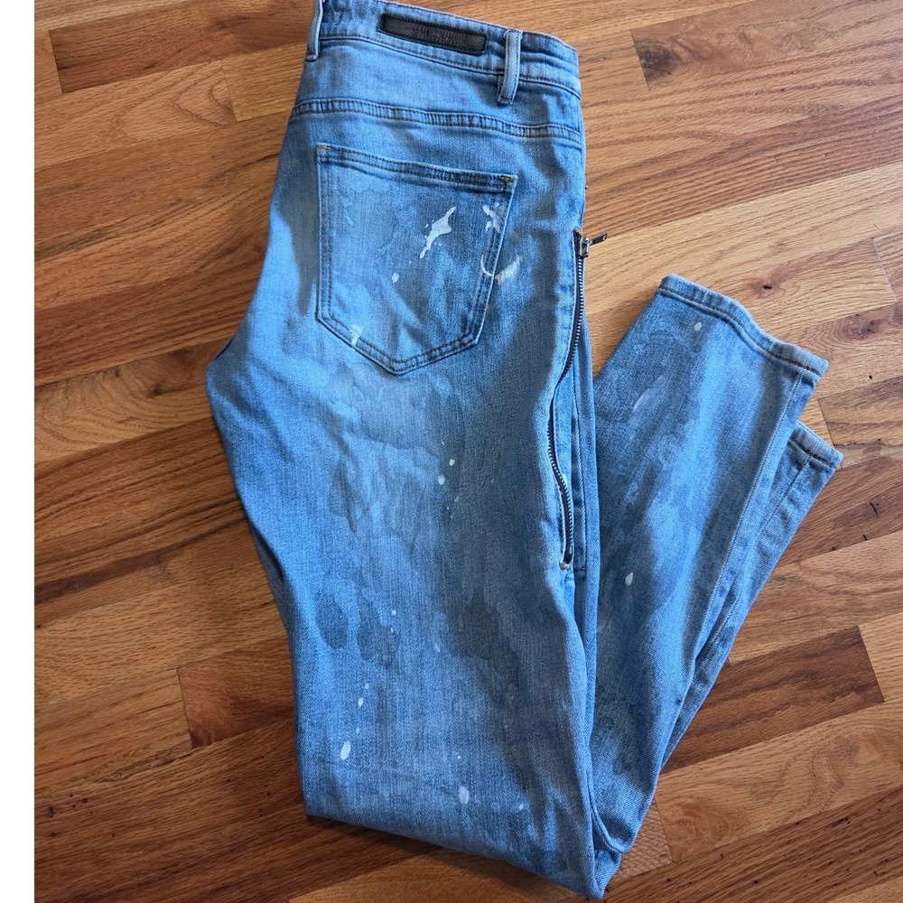 Embellish NYC Mens Light Wash Paint Splatter Distressed Side Zip Jeans Size 34